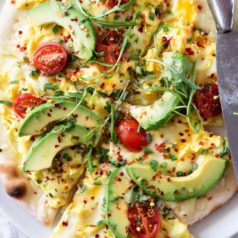 Creamy avocado scrambled egg breakfast pizza recipe, topped with fresh tomatoes and herbs.