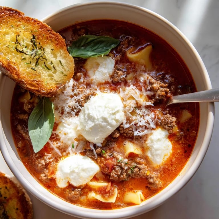 Warm, flavorful Lasagne Soup garnished with mozzarella and rich tomato flavors.