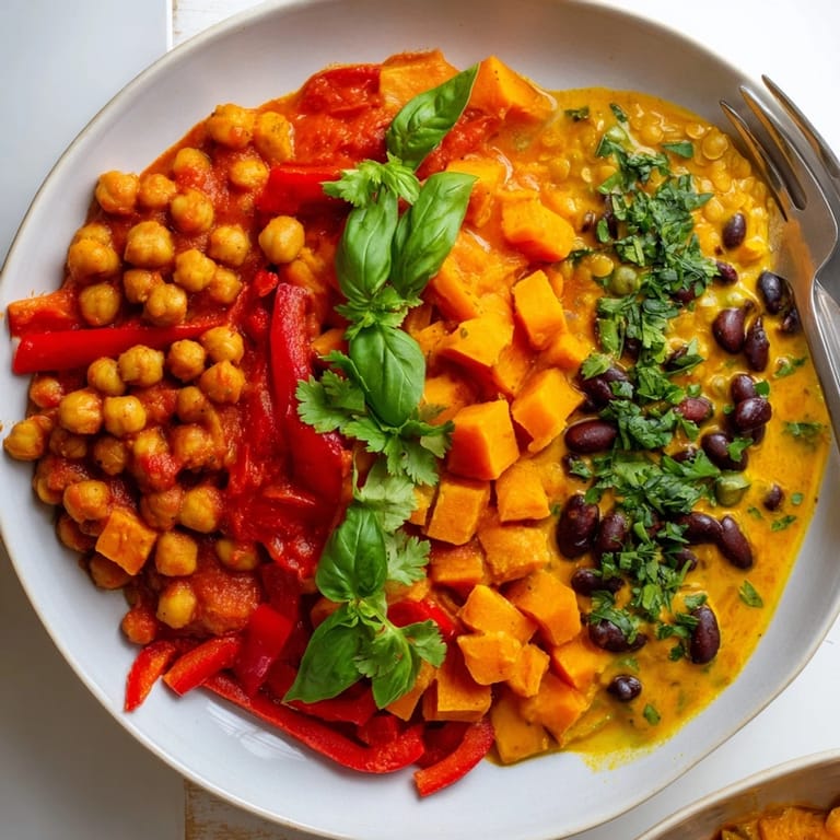A colorful bowl of Thai Red Lentil Curry with coconut milk and fresh basil on top.  