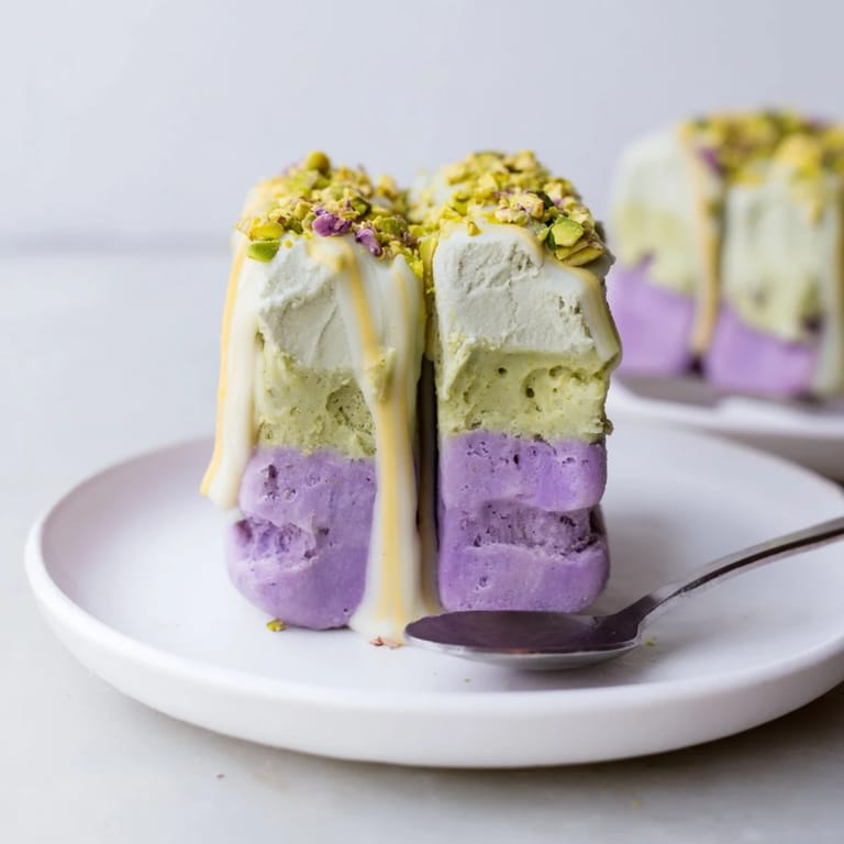 Vibrant layers of ube and pistachio ice cream bars for delightful summer treats.