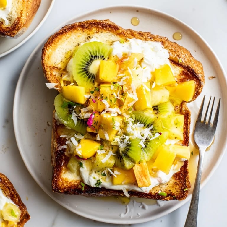 Coconut yogurt custard toast, baked golden and served with fresh fruity toppings.  