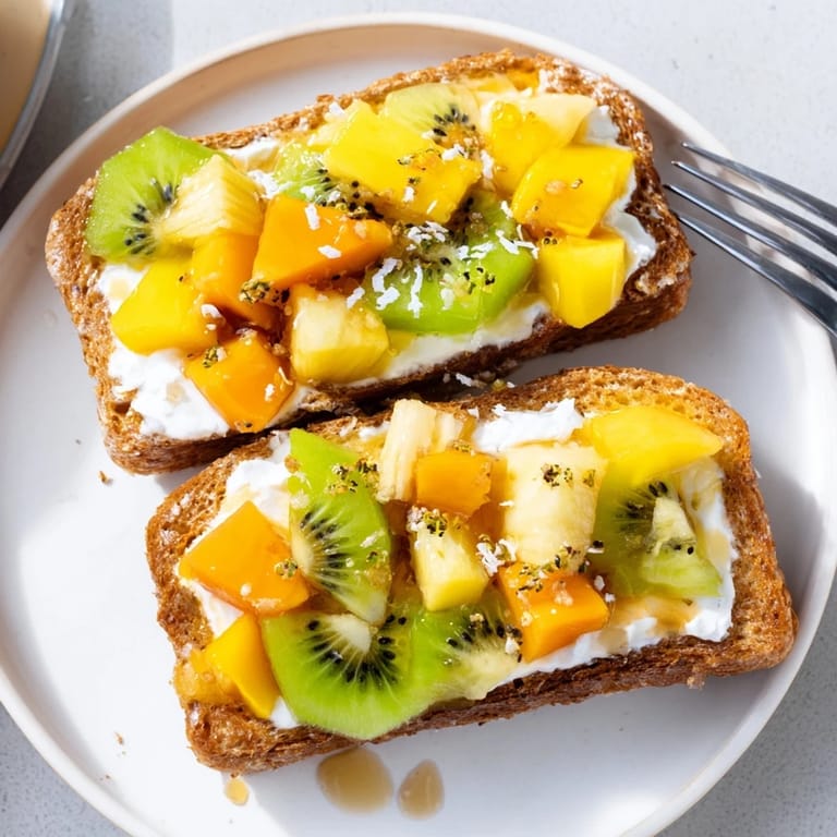 Indulge in creamy yogurt-custard toast garnished with mango, pineapple, and kiwi slices.
