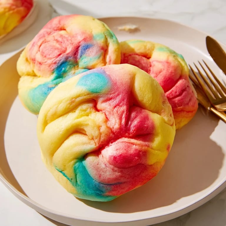 Whimsical Cloud Bread Rainbow Version, a delightful snack with vibrant hues and airy texture.