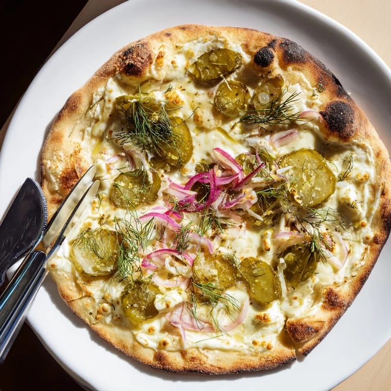 Deliciously baked Pickle Pizza with melted cheese, dill, and a crispy crust.