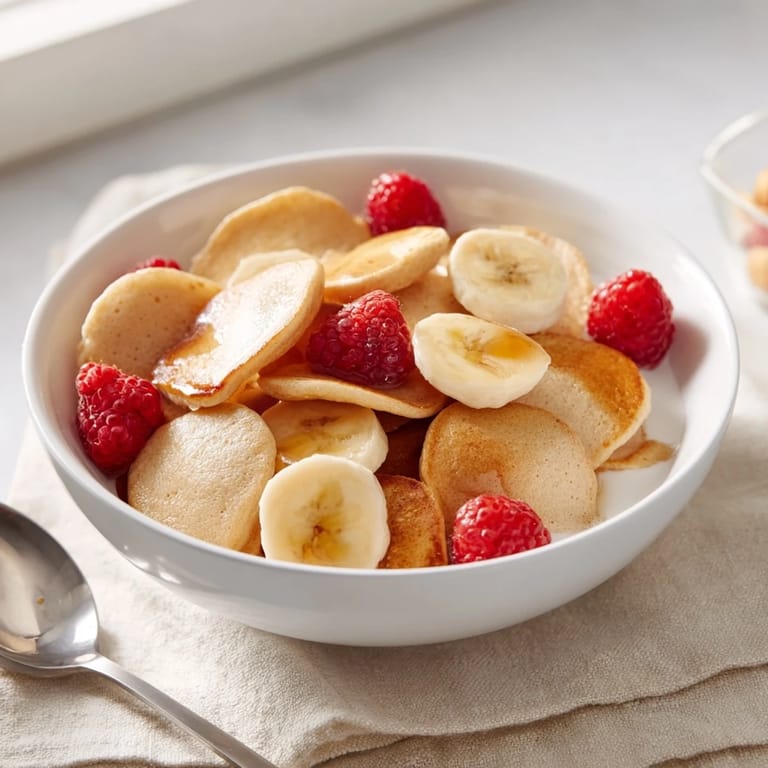 Warm mini pancake cereal served with milk and sliced bananas for a delightful start.