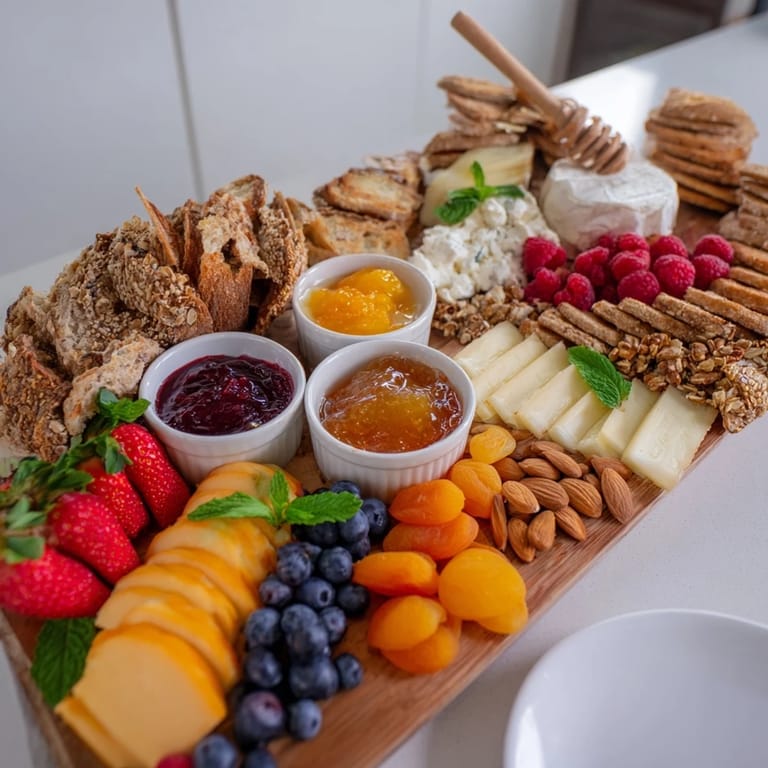 Vibrant brunch board with assorted jams, artisan breads, and deliciously fresh fruit.