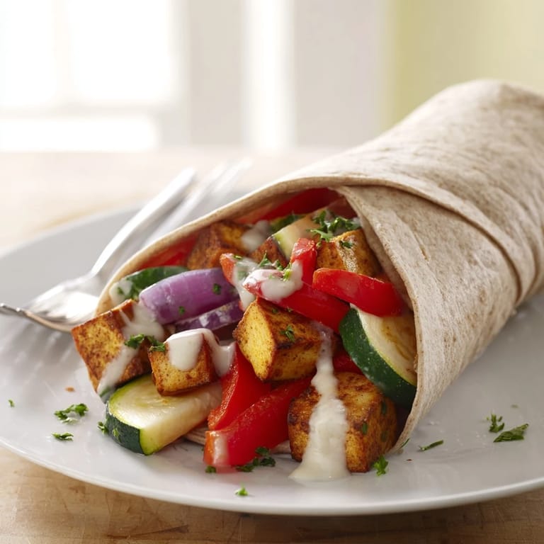 Savory vegan viral recipe re-make served in whole wheat wraps, drizzled with tahini sauce.