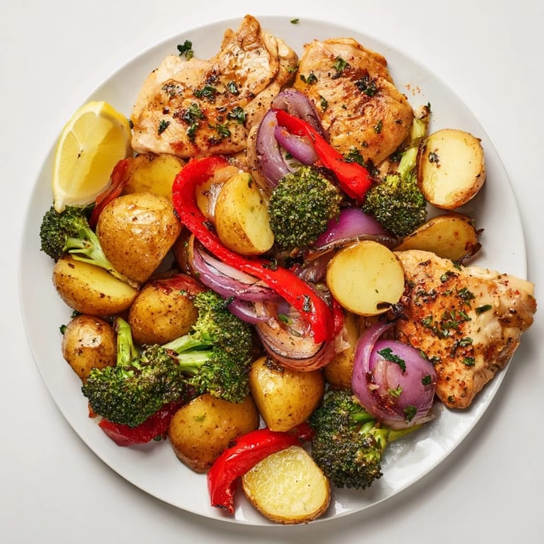 Dazzling Lazy Gourmet Chicken & Vegetable One-Pot served with fresh parsley and lemon slices.  