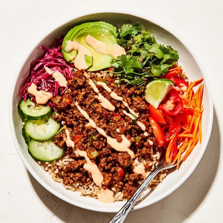 Hearty plant-based meat bowl packed with protein, spices, and nutritious toppings.