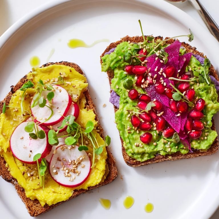 Delicious Bright & Bold Breakfast Toasts featuring vibrant toppings of ube and radish slices.