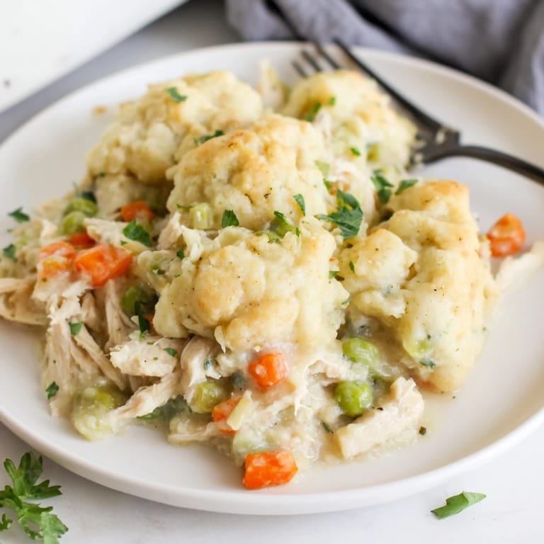 Comforting Chicken and Dumplings Casserole served warm, perfect for family dinners.