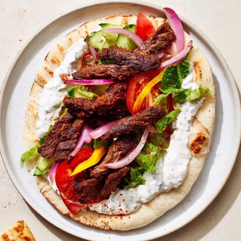 Close-up of delicious Beef Shawarma Wraps, revealing tender beef and tangy yogurt dressing.