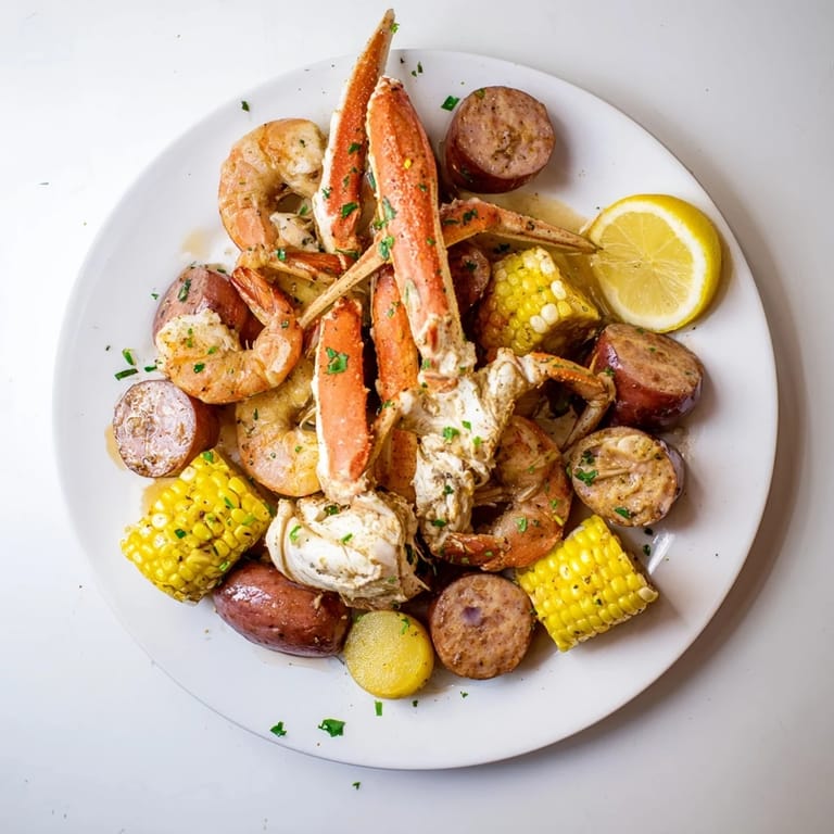 Close-up of a flavorful seafood boil showcasing tender crab, shrimp, sausage, and potato pieces.