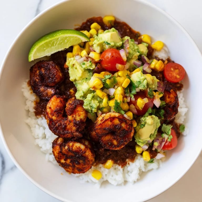 Top view of a beautifully presented Blackened Shrimp Bowl, perfect for a flavorful, gluten-free dinner.
