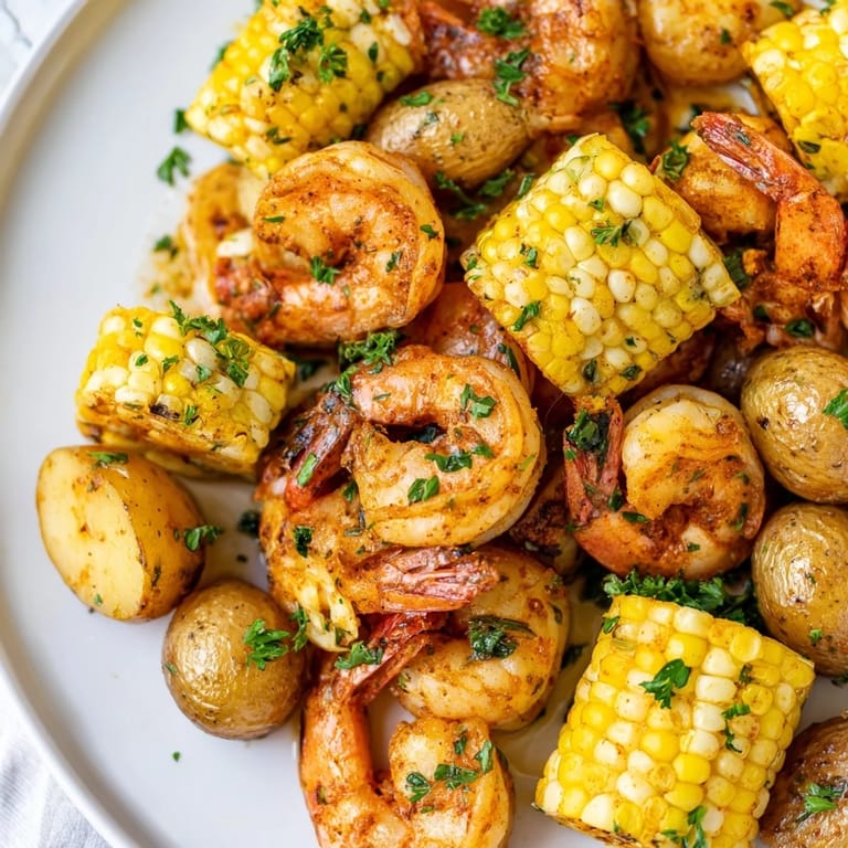 Vibrant photo of a Cajun Shrimp & Sweet Corn Platter, ready to serve with lemon wedges.