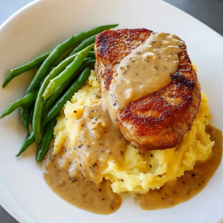 A comforting Pork Chops & Cheddar Mash Bowl, showing a tender pork chop nestled in cheesy mash.