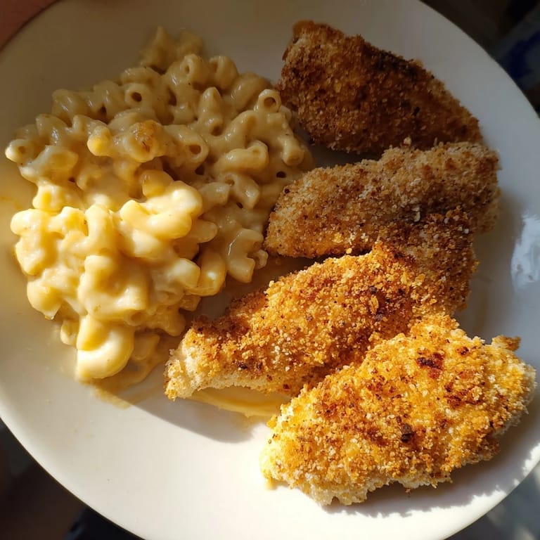 A close-up view of crispy chicken tenders and rich, cheesy macaroni in a satisfying dinner plate.