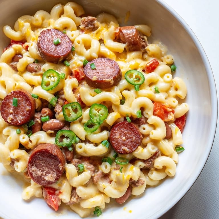 Delicious Chili Cheese Dog Mac & Cheese, combining creamy pasta, savory chili, and juicy hot dogs.