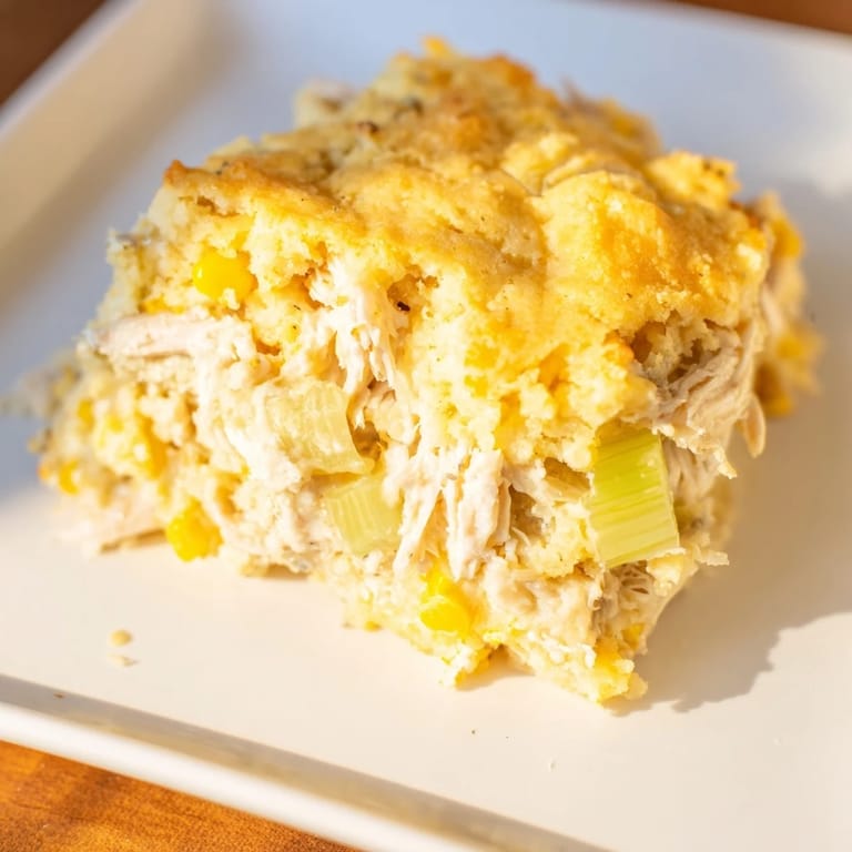 A warm, comforting dish of Southern Cornbread Chicken Casserole, perfect for a family meal.