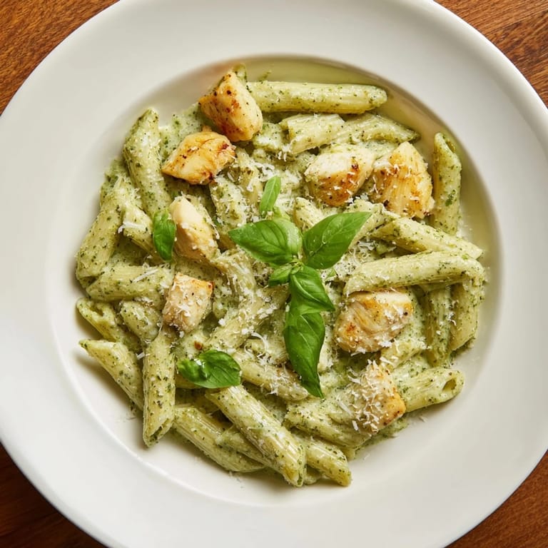Golden chicken pieces and penne pasta coated in creamy pesto create this delicious Creamy Pesto Penne.