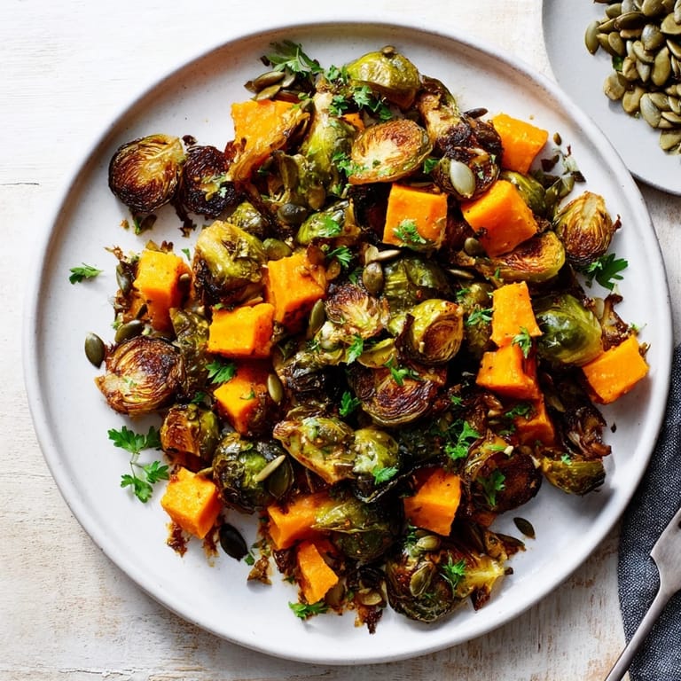 Healthy side: Delicious Roasted Brussels Sprouts & Butternut Squash, finished with fresh parsley and pumpkin seeds.