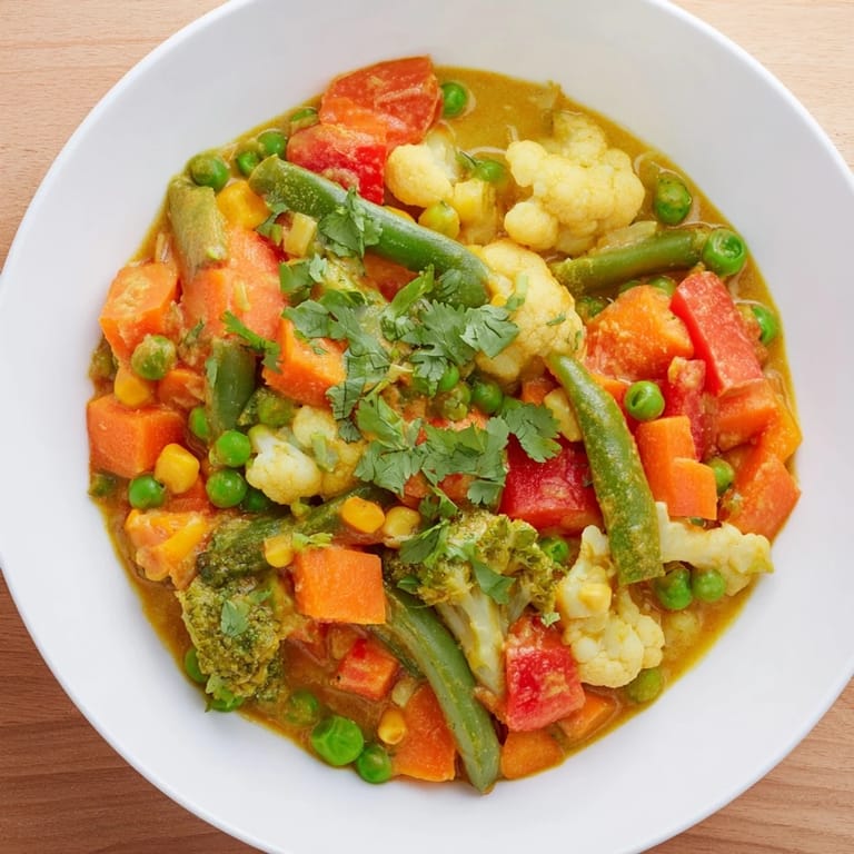 Bright orange carrots and green peas in a rich Veggie Coconut Curry; a vegan Indian-inspired delight.