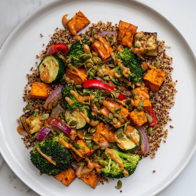 Enjoy a healthy quinoa bowl with roasted vegetables, perfect for a flavorful vegan dinner.
