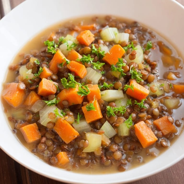 A close-up of hearty Lentil Soup, overflowing with carrots, celery, and savory vegetables.