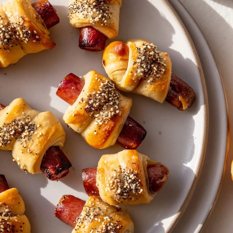Savory everything bagel seasoning tops these homemade pigs in a blanket, ideal for snacks or parties.