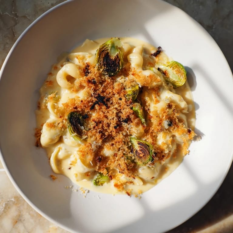 This recipe for sheet pan mac and cheese features creamy pasta smothered in cheese, baked with crispy sprouts.