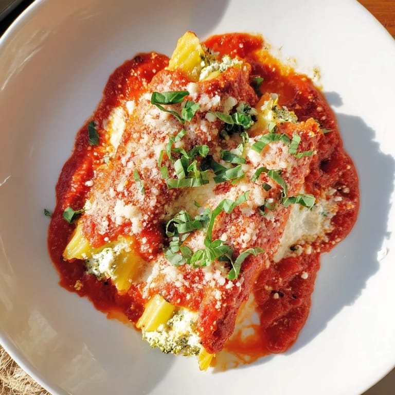 Warm baked Cozy Broccoli Stuffed Manicotti, featuring tender pasta shells with a creamy broccoli filling.