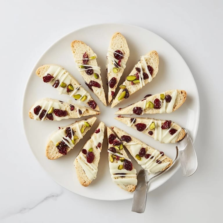 Enjoy a stack of beautiful and delicious White Chocolate Cranberry Pistachio Biscotti, perfect with coffee.