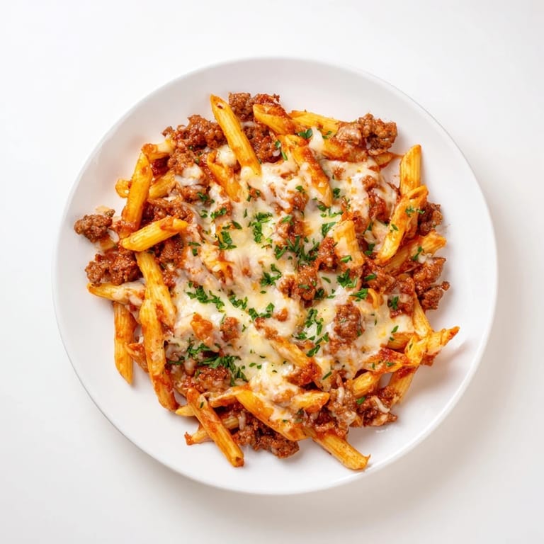 Close-up of a Budget Sausage and Cheese Pasta Bake, showing the melty cheese and tender pasta.