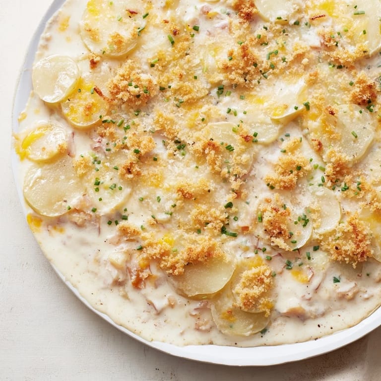 Delicious cheesy scalloped potatoes, a comforting side providing a savory, warm aroma to any dinner.