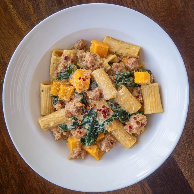Golden butternut squash chunks mingle with spicy sausage in this creamy rigatoni pasta dish.