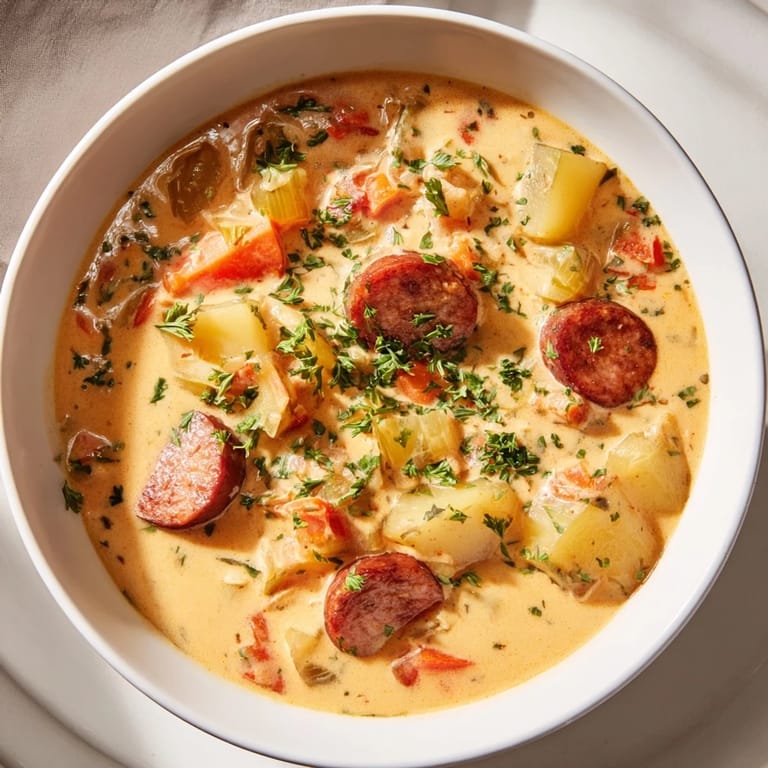 Thick and creamy chorizo potato soup, a warming bowl with chunky potatoes and spicy sausage.