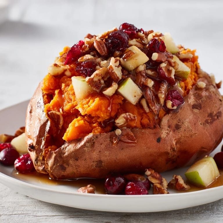 Close-up of baked Cranberry Apple Twice-Baked Sweet Potatoes, with a pecan topping and maple syrup drizzle.