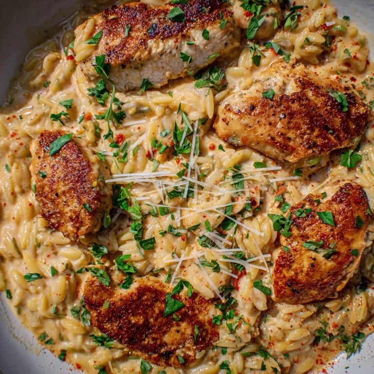 A close-up view of the rich, one-pot Cajun Chicken Alfredo Orzo, garnished with fresh parsley.
