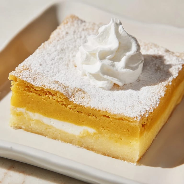 Golden-brown Simplified Pumpkin Magic Cake with creamy custard layers; a perfect autumn dessert.