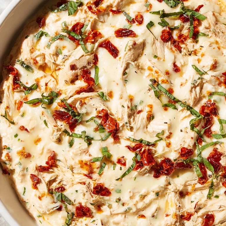 Creamy and savory, this warm Lightened Marry Me Chicken Dip is served with fresh herbs and crackers.