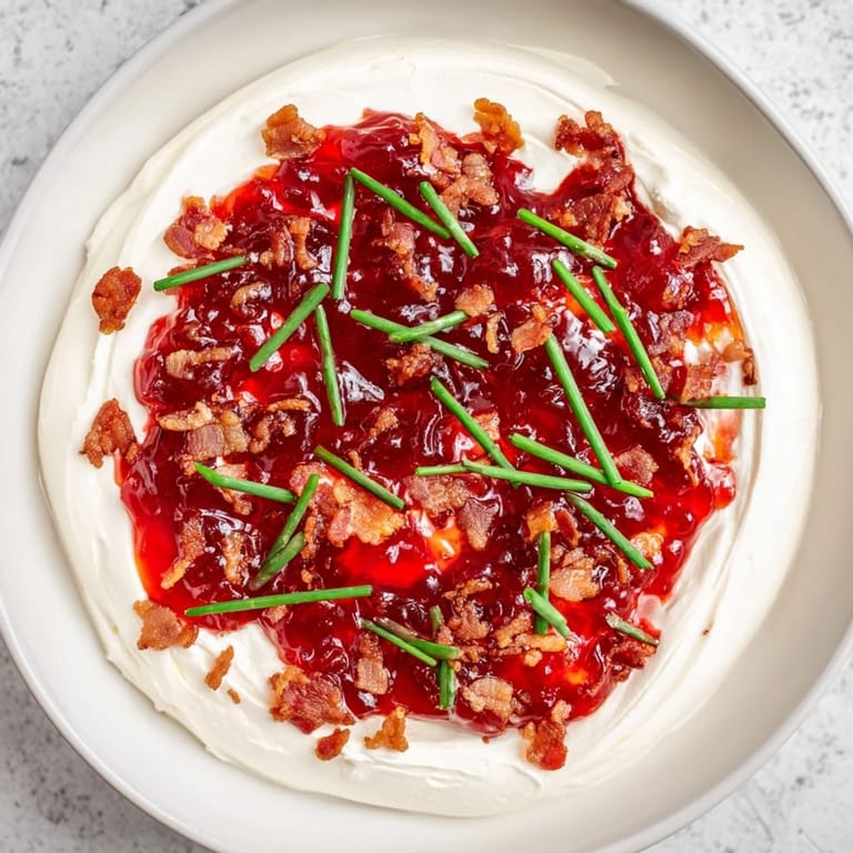 A beautiful serving dish of Easy Bacon Pepper Jelly, featuring chopped bacon and green chives, is perfect for sharing.