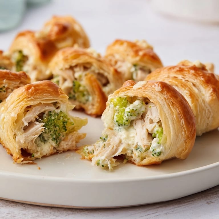Savory Creamy Chicken and Broccoli Puff Pastry Rolls, showing a close-up of the delicious filling and layered pastry.