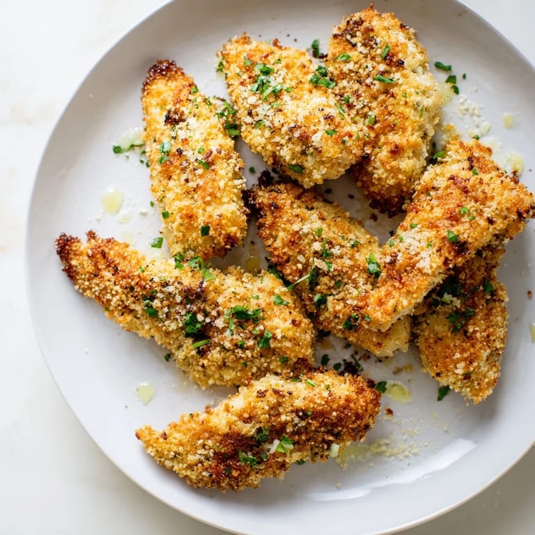 Oven-baked Garlic Parmesan Chicken Tenders, beautifully browned and coated in flavorful, cheesy breading.