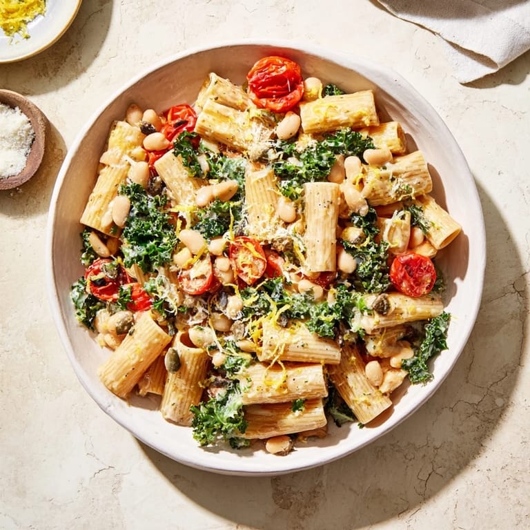 Tender whole wheat penne coated in creamy sauce, this Healthy Tuscan White Bean & Kale Pasta looks delicious.