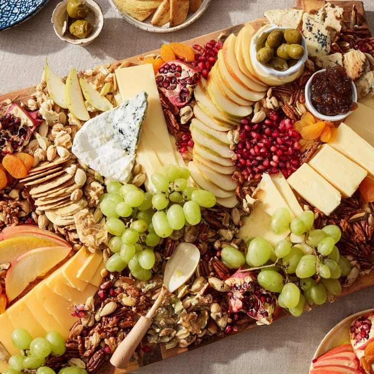 Close-up of a festive Cornucopia Harvest Board, perfect for entertaining with a mix of rustic textures.