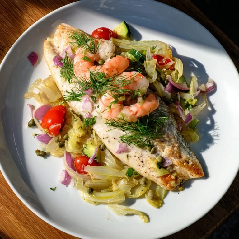 Close-up of baked Plongeons dans lOcéan Poisson Bleu, highlighting juicy tomatoes, shrimp, and the flaky texture of blue fish.