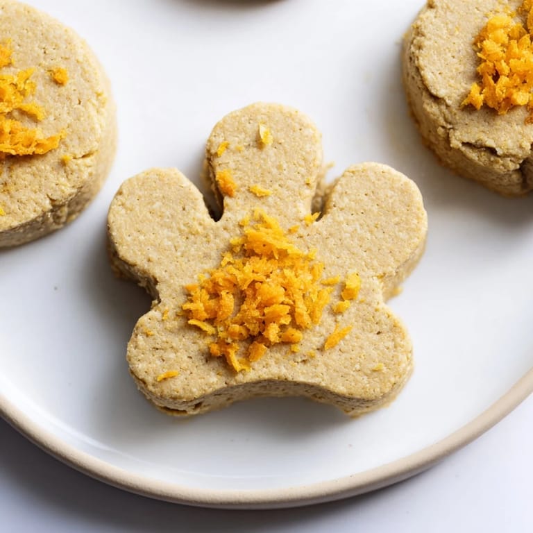 Wholesome, homemade Friendly Dog Paw Treats, perfectly formed, smell of peanut butter and oats.