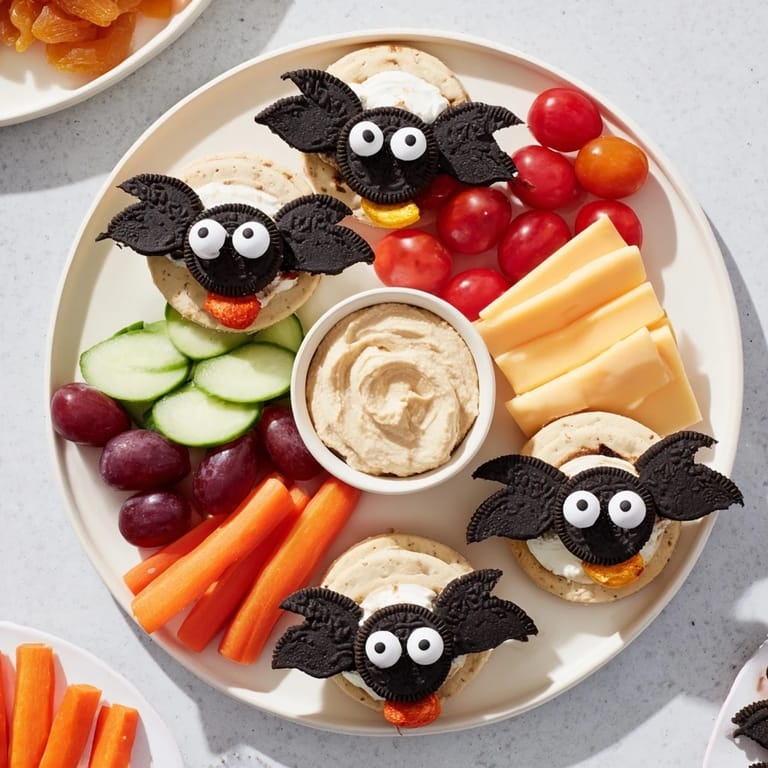 This festive Flying Bat Halloween Snack Board offers savory crackers, tasty sweets, and fresh, crisp elements.