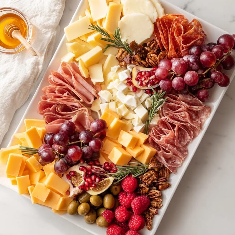 This Meat & Cheese Festive Stocking Charcuterie Board displays various meats and cheeses with a holiday garnish of rosemary.