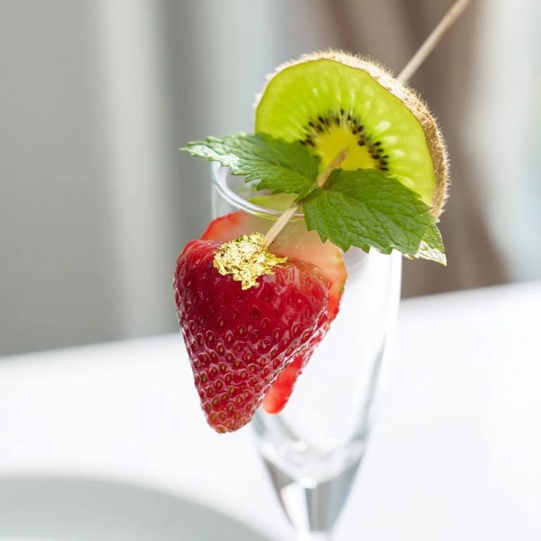 Vivid champagne flute fruit garnishes featuring juicy strawberries and pineapple, ready for a New Year's toast.